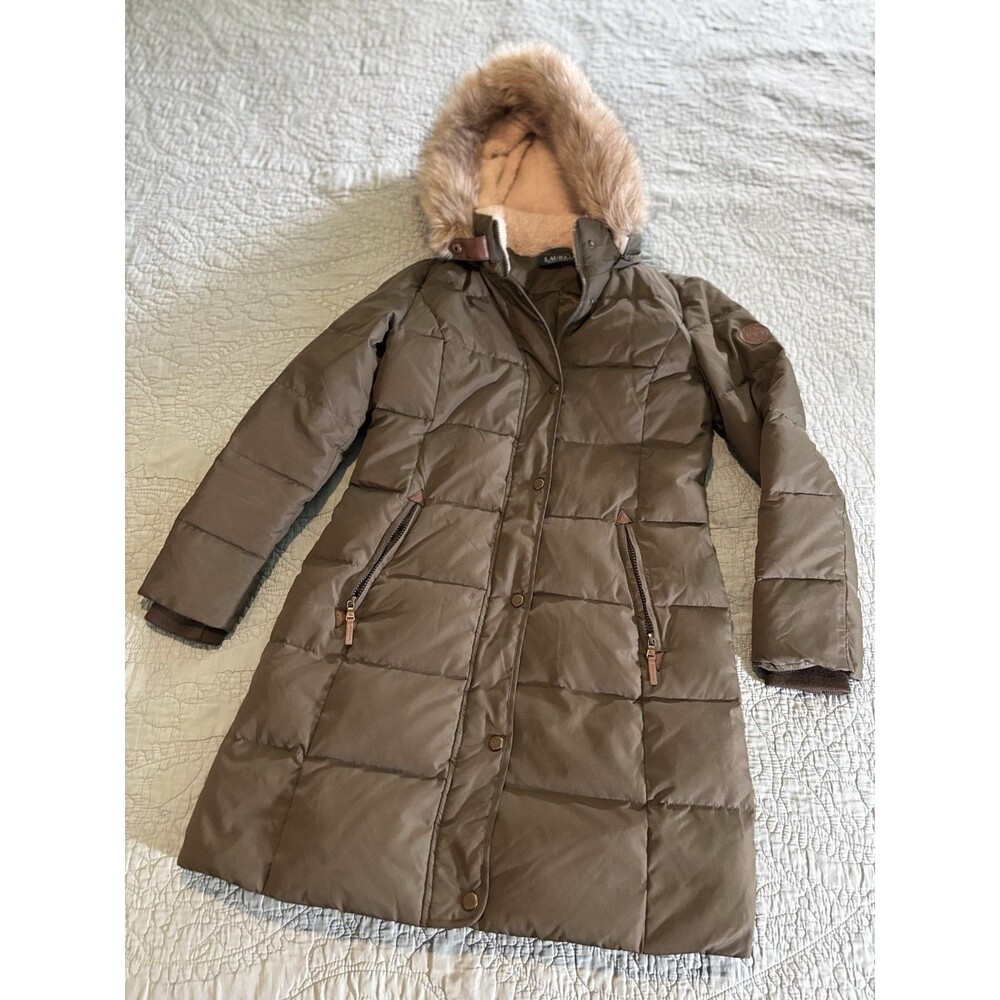 Ralph Lauren Women's Olive Green Down Parka Jacket w/ Faux Fur-trim Hood Small